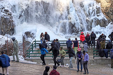 Cold wave in Kashmir valley: Frozen waterfall at Drung area 