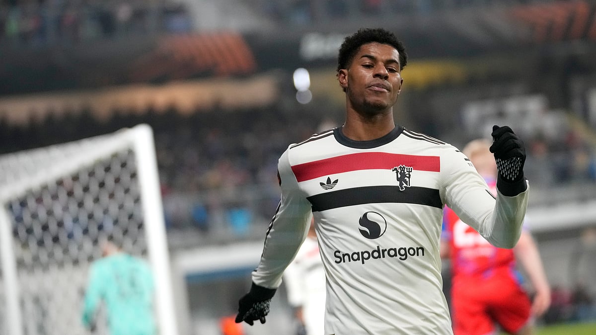 Manchester United's Marcus Rashford reacts during the Europa League soccer match between Viktoria Plzen and Manchester United at the Doosan Arena in Plzen, Czech Republic. - AP Photo/Petr David Josek