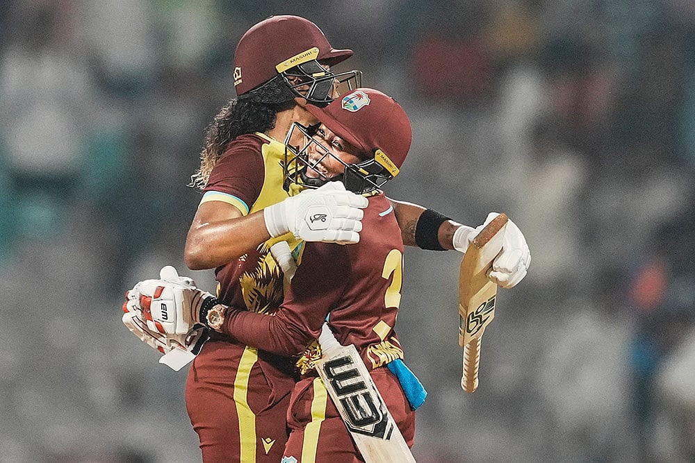 | Photo: PTI/Kunal Patil : IND-W vs WI-W, 2nd T20: West Indies' batters Hayley Matthews and Shemaine Campbelle celebrate after winning match