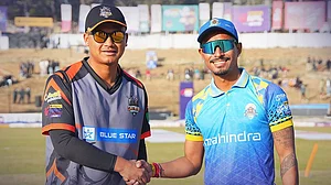 X/Nepal Premier League : Captains Kushal Malla (left) and Sompal Kami at the toss for the Nepal Premier League 2024 Eliminator.