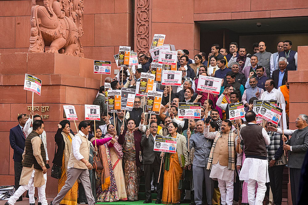 | Photo: PTI/Arun Sharma : NDA MPs protest over Ambedkar issue
