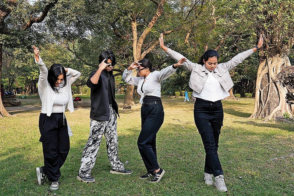 Korean Influence: Members of “Bongo BTS” practicing Korean dance at a park in Kolkata
