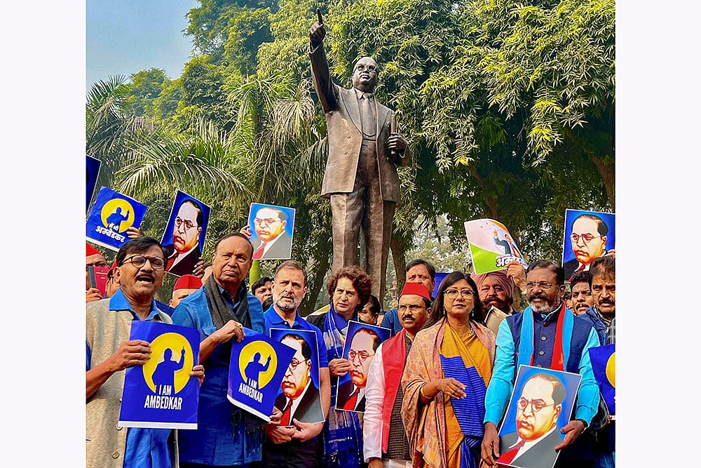 Rahul Gandhi with party MP Priyanka Gandhi Vadra during INDIA bloc MPs protest over Ambedkar issue