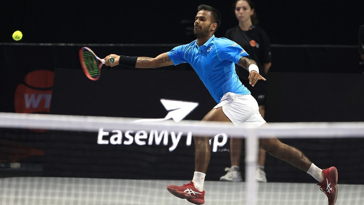WTL : Sumit Nagal in action for Team Hawks at the World Tennis League.