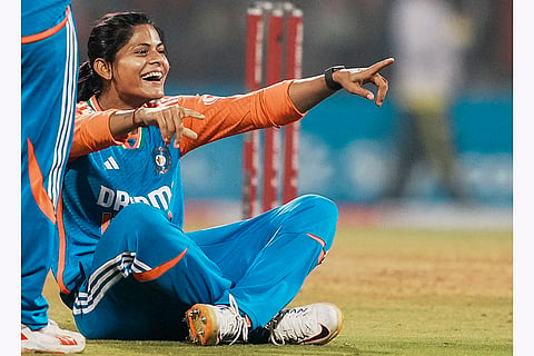 IND-W vs WI-W 3rd T20I: India Women's Radha Yadav celebrates the wicket of West Indies Women's captain Hayley Matthews