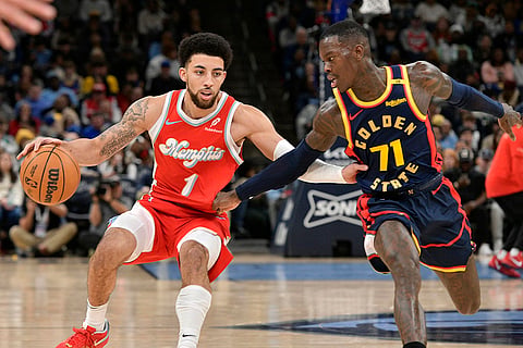 NBA: Grizzlies guard Scotty Pippen Jr. (1) handles the ball against Warriors guard Dennis Schroder