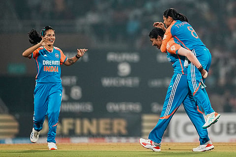 IND-W vs WI-W 3rd T20I: India Women's Sajeevan Sajana celebrates with teammates after taking the wicket of West Indies Women's Qiana Joseph