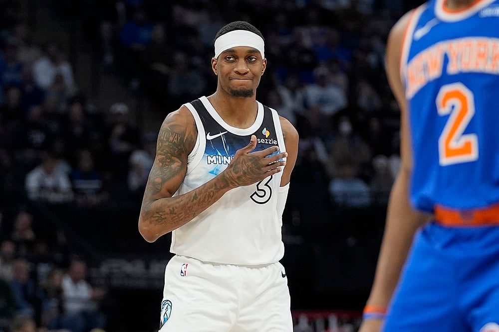 NBA Basketball 2024-25 New York Knicks vs Minnesota Timberwolves match pics: Jaden McDaniels