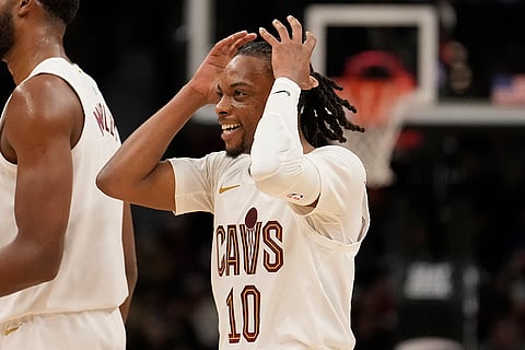 NBA 2024-25: Cavaliers guard Darius Garland (10) reacts after hitting a three point basket