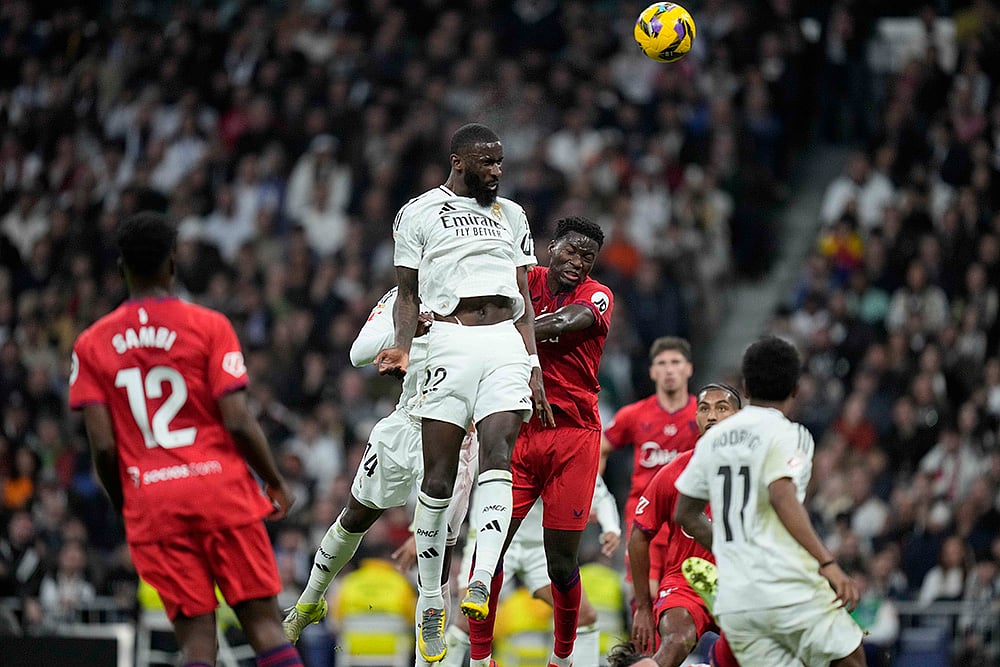 Spain soccer La Liga 2024-25 Real Madrid Vs Sevilla football match Pics: Antonio Rudiger