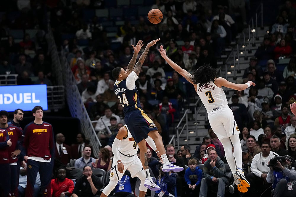 NBA 2024-25 New Orleans Pelicans Vs Denver Nuggets basketball game pics: Jordan Hawkins 