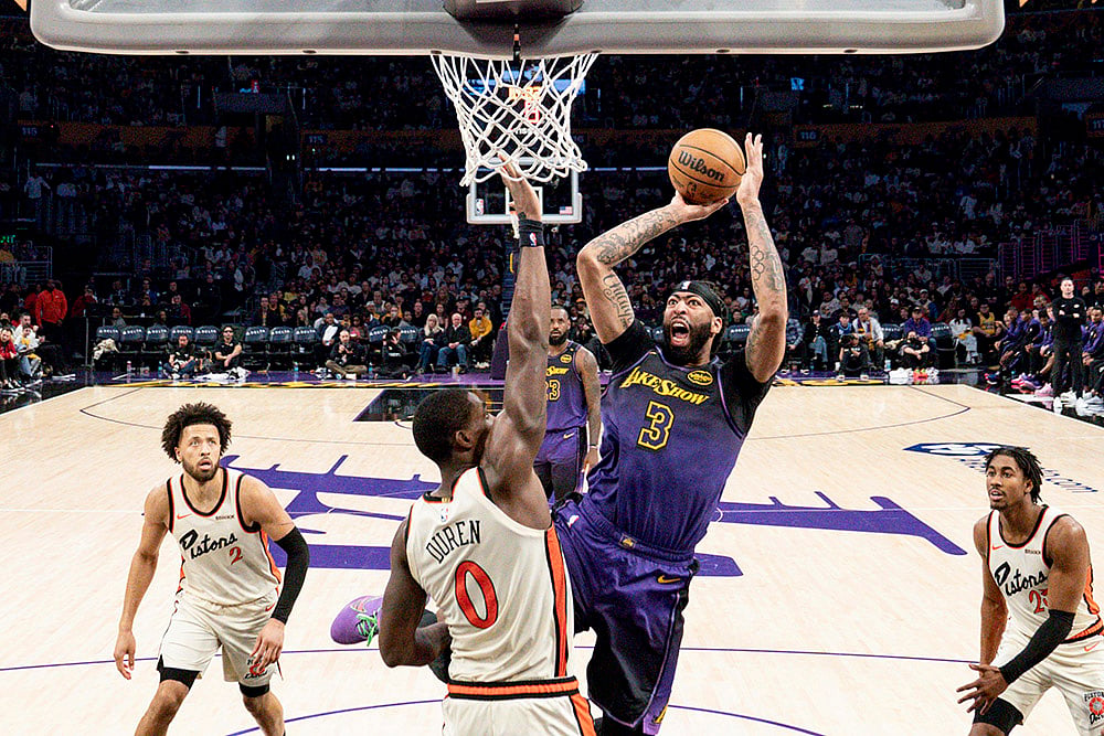 NBA Basketball 2024-25 Los Angeles Lakers Vs Detroit Pistons game photos: Anthony Davis 