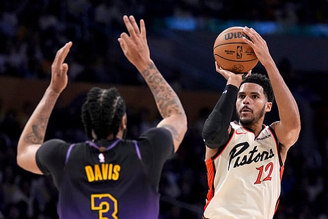 NBA 2024-25: Pistons forward Tobias Harris shoots over Lakers forward Anthony Davis