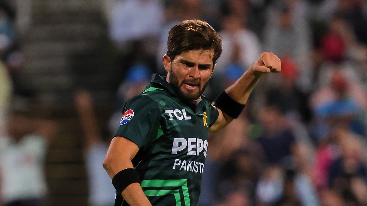 AP Photo/Halden Krog : Pakistan fast bowler Shaheen Afridi celebrates the wicket of Marco Jansen during the second ODI International cricket match between South Africa and Pakistan in Cape Town.
