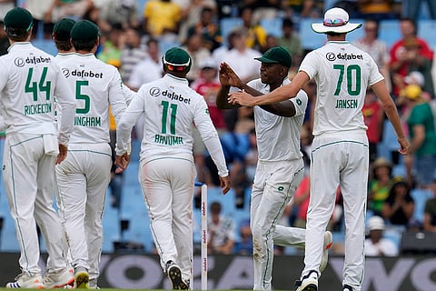 SA vs PAK 1st Test Day 1:  South Africa's Kagiso Rabada, second from right, celebrates with teammates after taking a catch