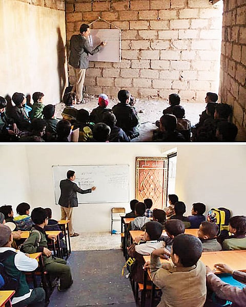 War Lessons: (Top) A photograph clicked in 2019 shows a classroom lacking even the most basic facilities. After two months, benches, a board and a door were provided with the funds that were raised (Bottom)
