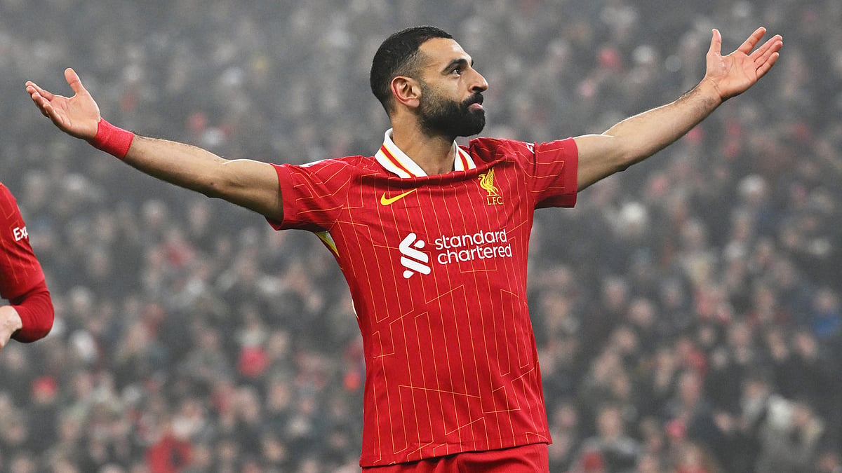 Mohamed Salah celebrates his goal against Leicester City