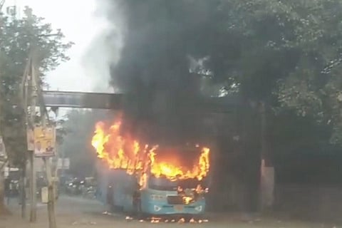 Bus catches fire near school in Delhi's Badarpur