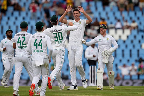 SA vs PAK 1st Test Day 2: South Africa's Marco Jansen celebrates after taking a wicket of Shan Masood 