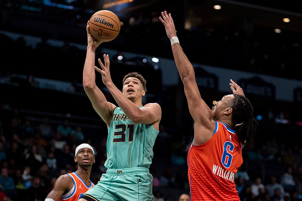 NBA 2024-25 Oklahoma City Thunder vs Charlotte Hornets basketball game pics: Tidjane Salaun