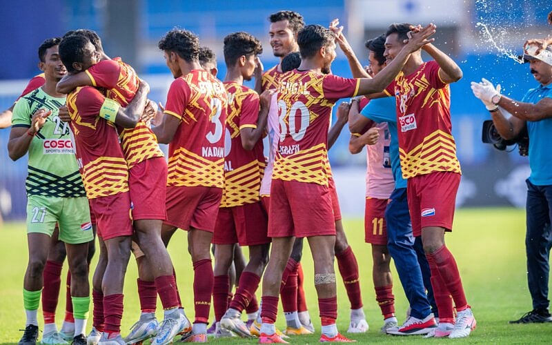 AIFF/Baranidharan M : West Bengal players celebrate at full-time after sealing a spot in the final of Santosh Trophy.