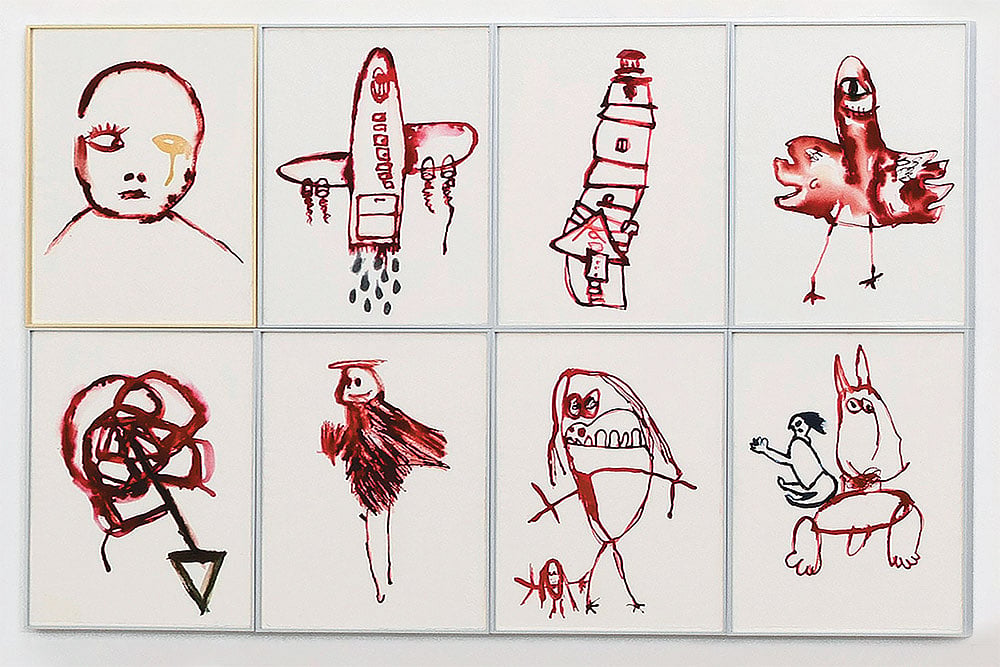 | Artwork by Indian conceptual artist Mithu Sen : ‘One remembers one’s innocence’ (Last drawings by children who were killed)