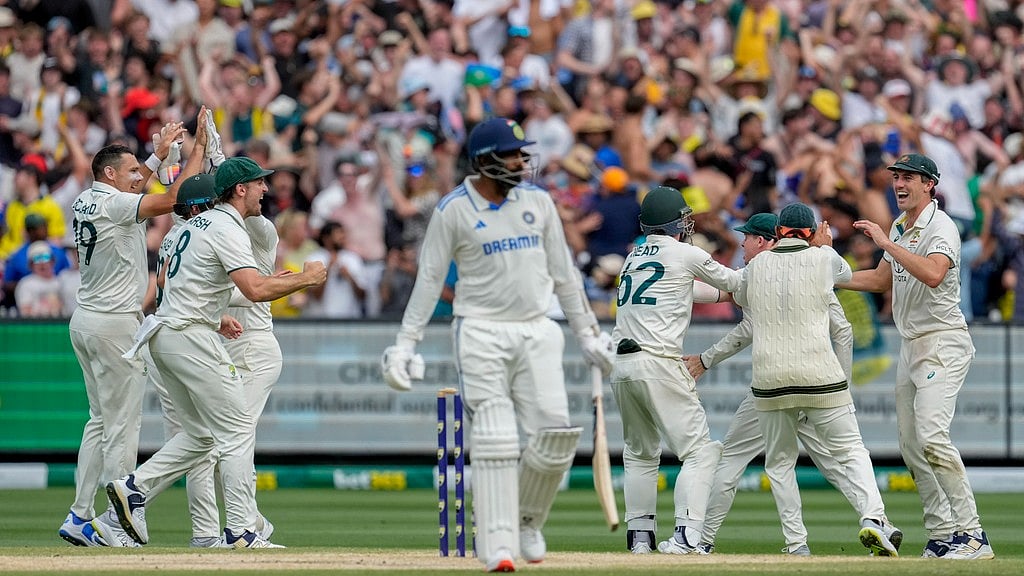 Australian players celebrates the wicket of India's Jasprit Bumrah during play on the last day of the fourth cricket test between Australia and India at the Melbourne Cricket Ground, Melbourne, Australia, Monday, Dec. 30, 2024. - AP Photo/Asanka Brendon Ratnayake