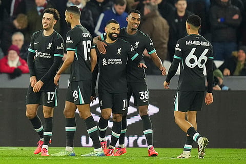 EPL 2024-25: Liverpool's Mohamed Salah celebrates with teammates after scoring his side's third goal