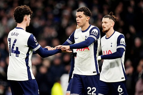 EPL 2024-25: Tottenham Hotspur's Brennan Johnson, center, celebrates after scoring his side's second goal