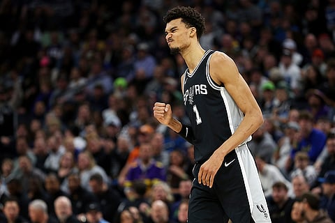 NBA 2024-25: Spurs center Victor Wembanyama celebrates his three-point basket 