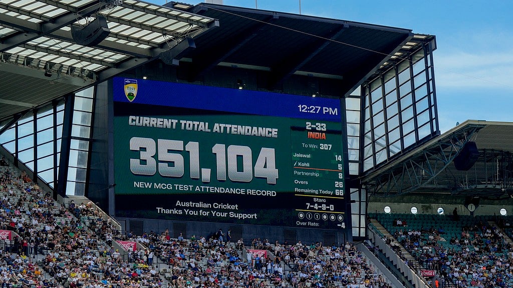 AP Photo/Asanka Brendon Ratnayake : The scoreboard shows the official attendance on the last day of the fourth cricket test between Australia and India at the Melbourne Cricket Ground, Melbourne, Australia, Monday, Dec. 30, 2024.
