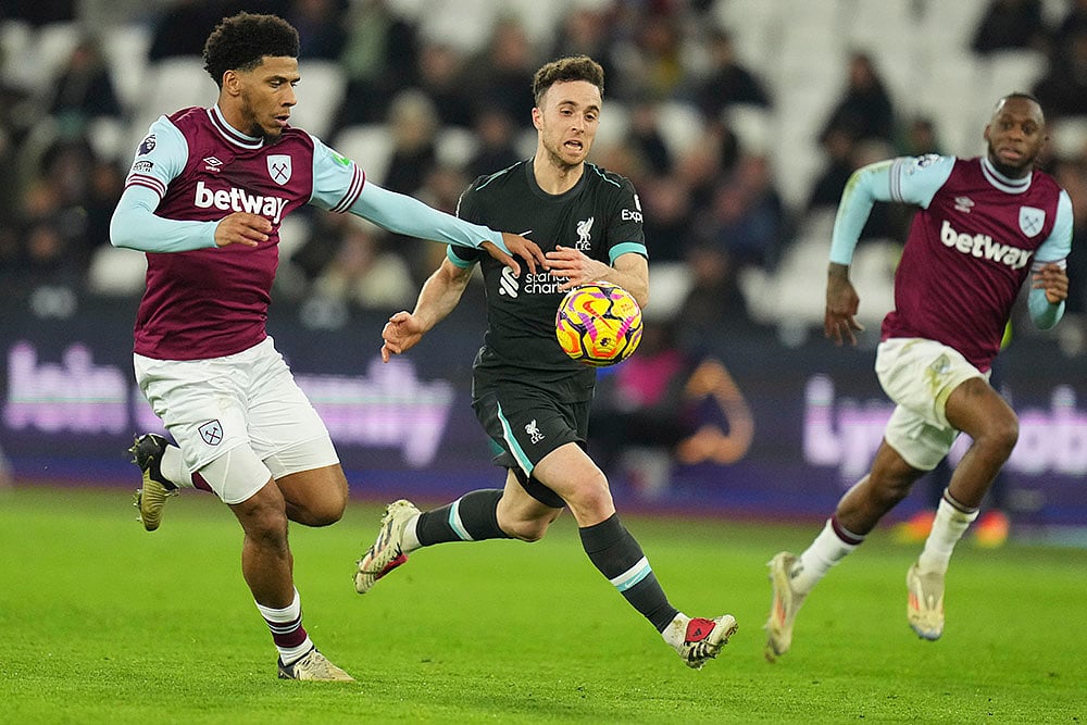 English Premier League soccer match West Ham United vs Liverpool football pics: Diogo Jota
