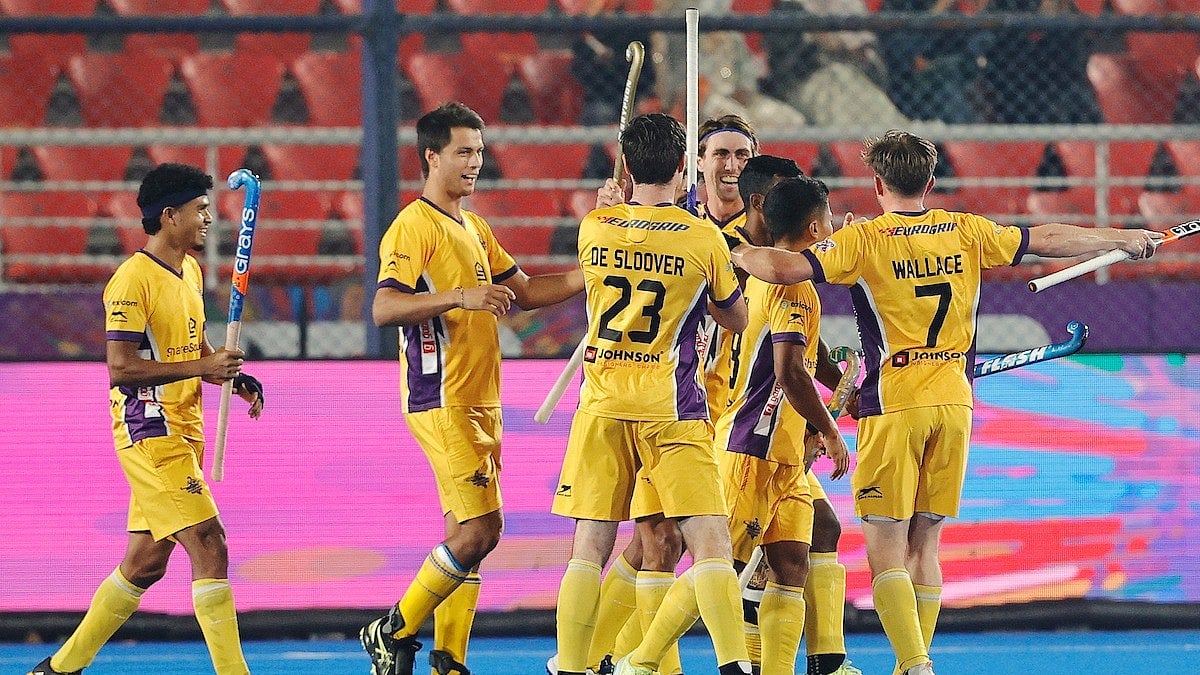 Hockey India : Hyderabad Toofans celebrate after scoring a goal against Delhi SG Pipers in their Hockey India League match in Rourkela.