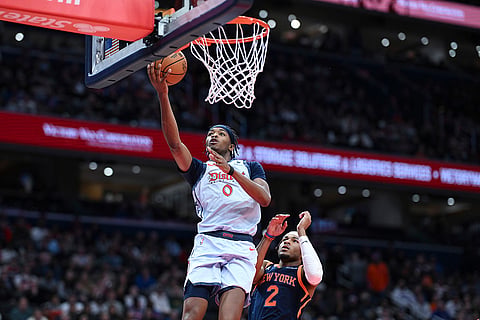 NBA 2024-25: Wizards guard Bilal Coulibaly (0) goes to the basket