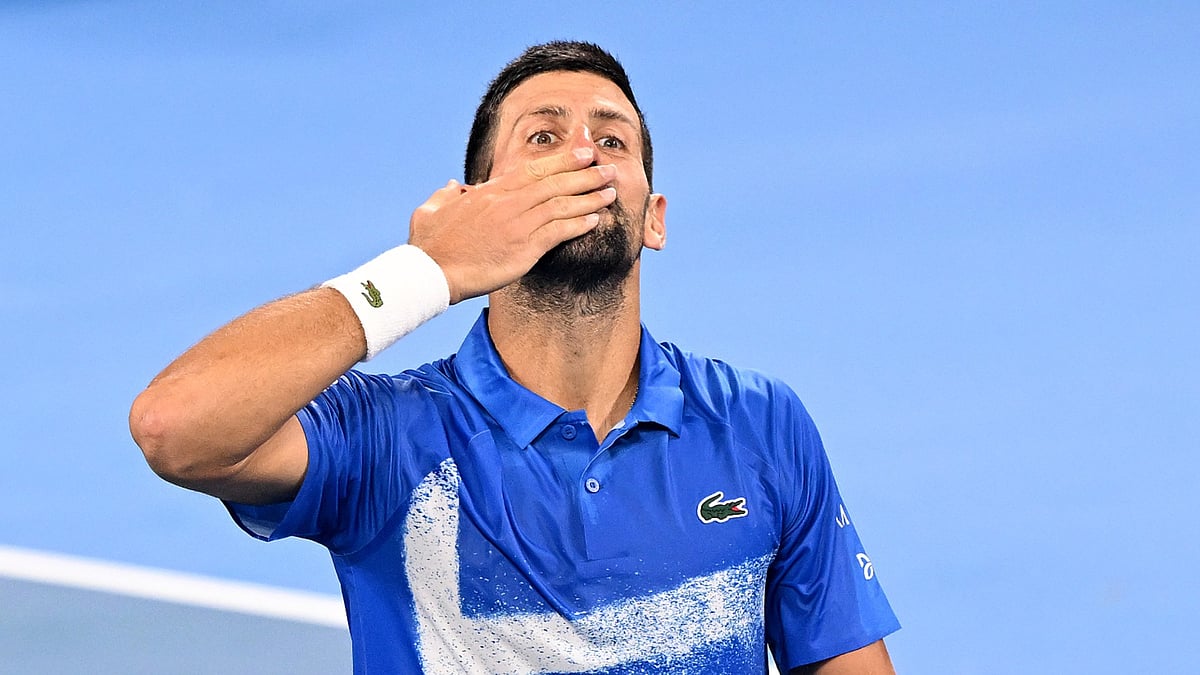 Novak Djokovic celebrates his win over Gael Monfils