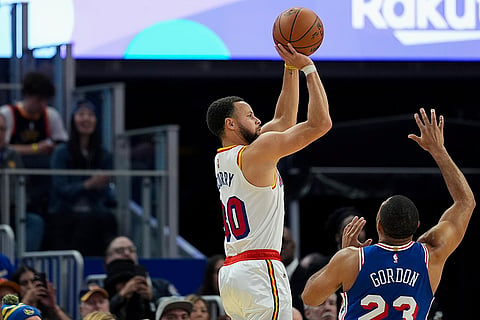 NBA 2024-25: Warriors guard Stephen Curry shoots a 3-point basket