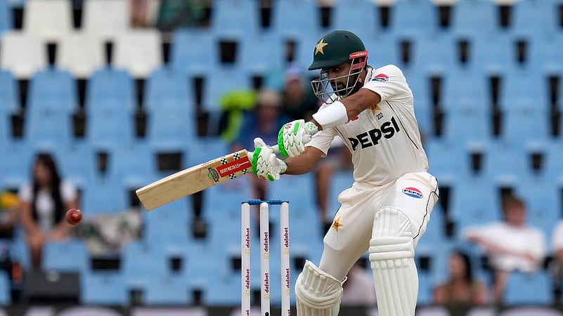 Pakistans Babar Azam plays a side shot during day two. AP Photo