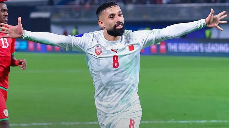 Mohamed Marhoon celebrates after scoring for Bahrain in the Arabian Gulf Cup final