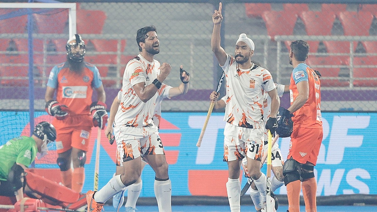 Hockey India : Shrachi Rarh Bengal Tigers celebrate a goal during their match against Delhi SG Pipers in the Hockey India League. 