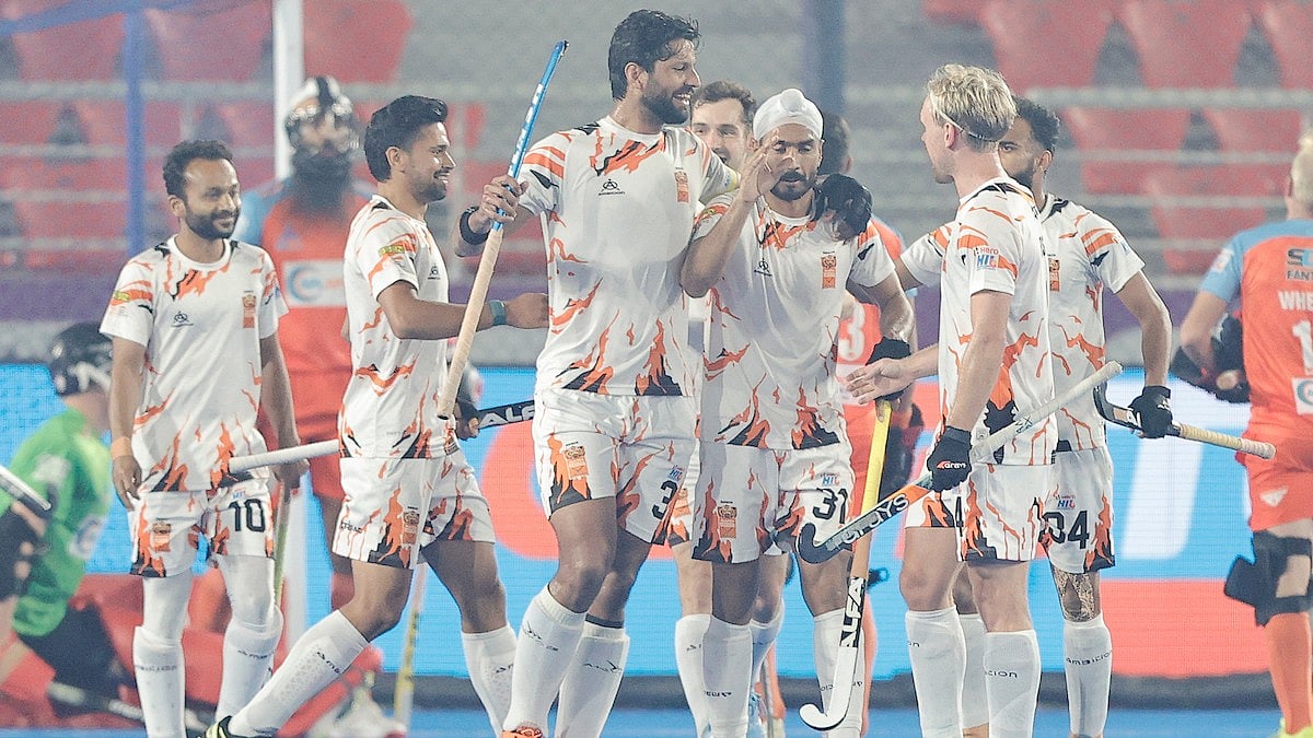 Photo: Hockey India : Shrachi Rarh Bengal Tigers celebrate a goal during their match against Delhi SG Pipers in the Hockey India League.