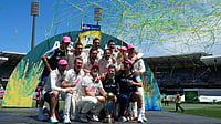 | Photo: AP/Mark Baker : IND Vs AUS 5th Test Day 3: The Australian team pose with the Border Gavaskar Trophy 