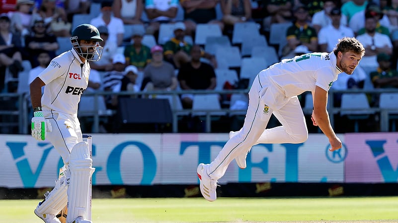 Pakistans Babar Azam watches as South Africas Wiaan Mulder bowls. AP Photo