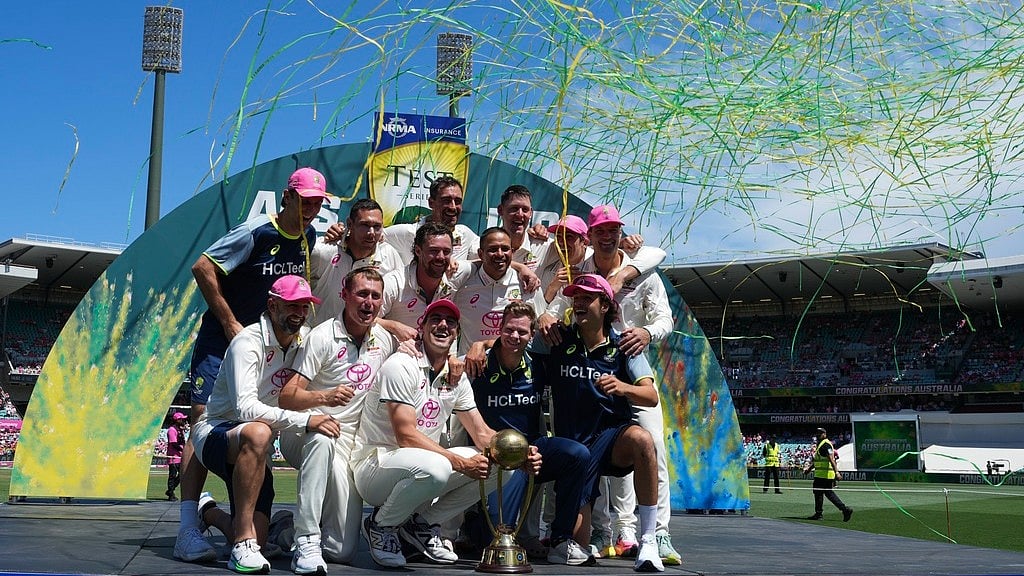 AP/Mark Baker : The Australian team pose with the Border Gavaskar Trophy after defeating India in the fifth cricket test at the Sydney Cricket Ground, in Sydney, Australia, Sunday, Jan. 5, 2025.