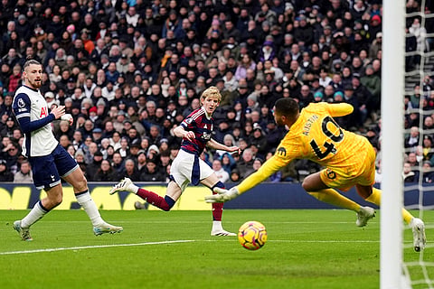 EPL 2024-25: Newcastle United's Anthony Gordon, center, scores a goal