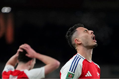 EFL Cup 2024-25: Arsenal's Gabriel Martinelli, right, reacts after a missed opportunity