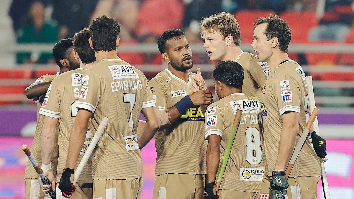Hockey India : Tamil Nadu Dragons rejoice after scoring a goal against Team Gonasika in the Hockey India League.