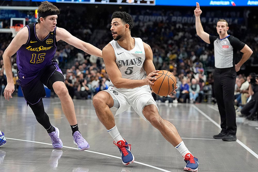 | Photo: AP/LM Otero : NBA 2024-25: Mavericks guard Quentin Grimes (5) moves the ball against Los Angeles Lakers guard