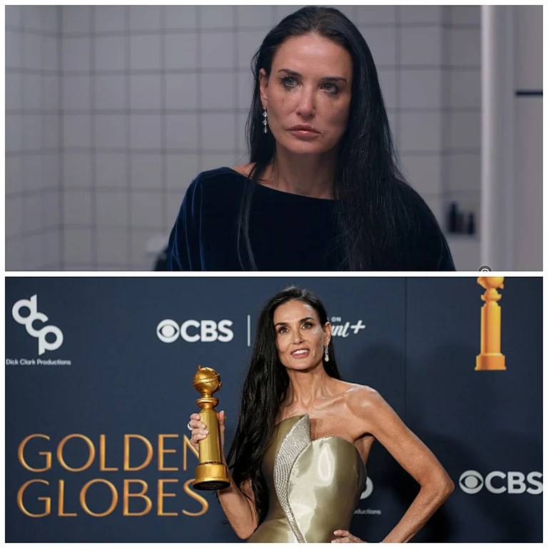 Demi Moore in The Substance and at the Golden Globes Awards, 2024 - IMDB, Getty Images
