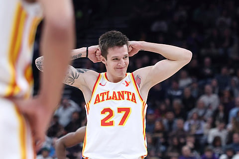 NBA 2024-25: Hawks guard Vit Krejci (27) reacts to a play against the Utah Jazz