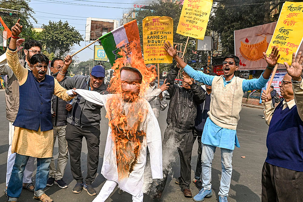 Congress protest against BJPs Ramesh Bidhuri